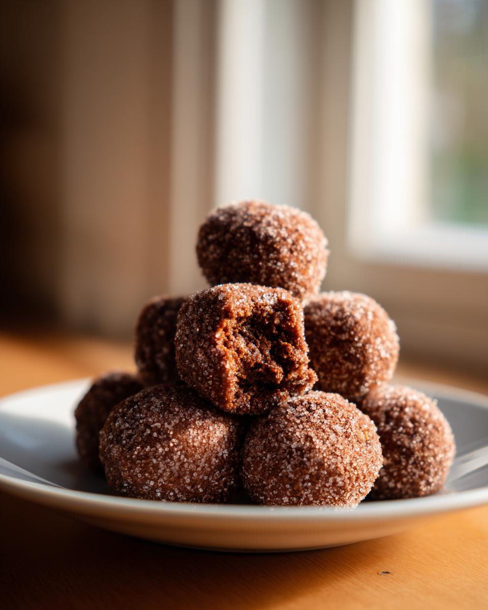 A stack of rich, dark chocolate bourbon balls coated in granulated sugar, with one bite taken out.