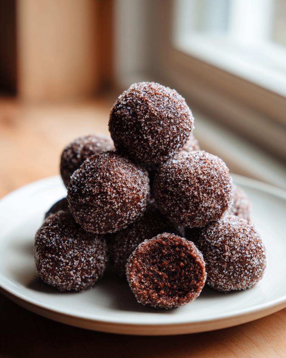 A stack of rich, dark bourbon balls rolled in sparkling sugar, with one cut open to show the texture.