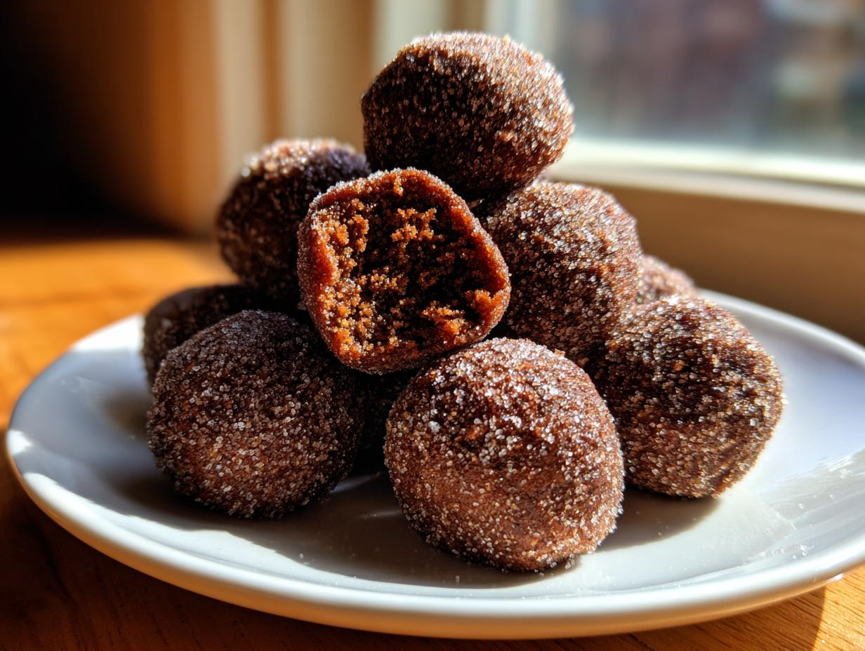 A close-up of a stack of rich, dark bourbon balls rolled in sparkling sugar on a white plate.