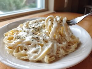 A fork lifts a twirl of fettuccine pasta coated in rich, creamy Olive Garden Alfredo Sauce, sprinkled with herbs.