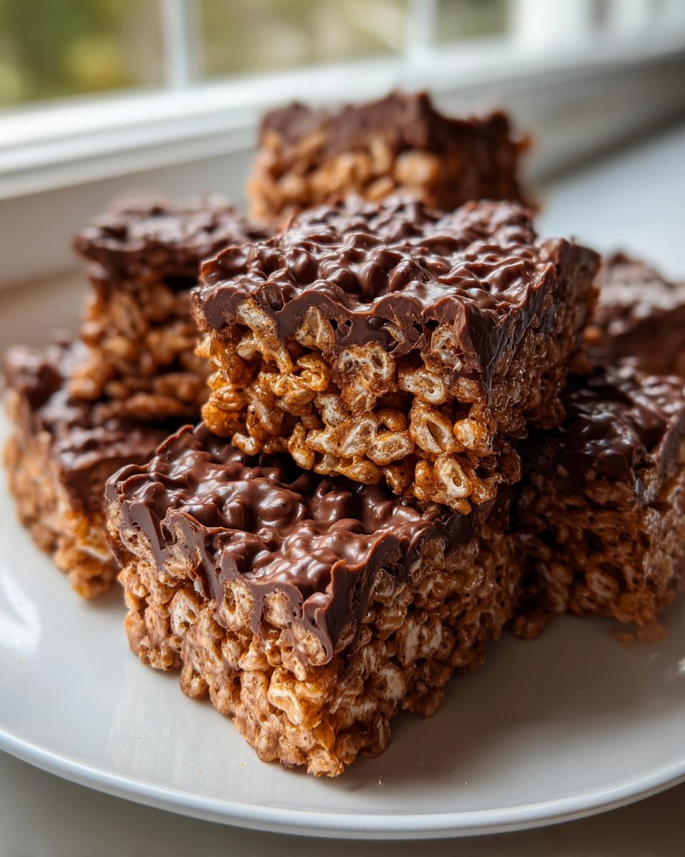 A stack of rich peanut butter rice krispie treats topped with melted chocolate on a white plate.