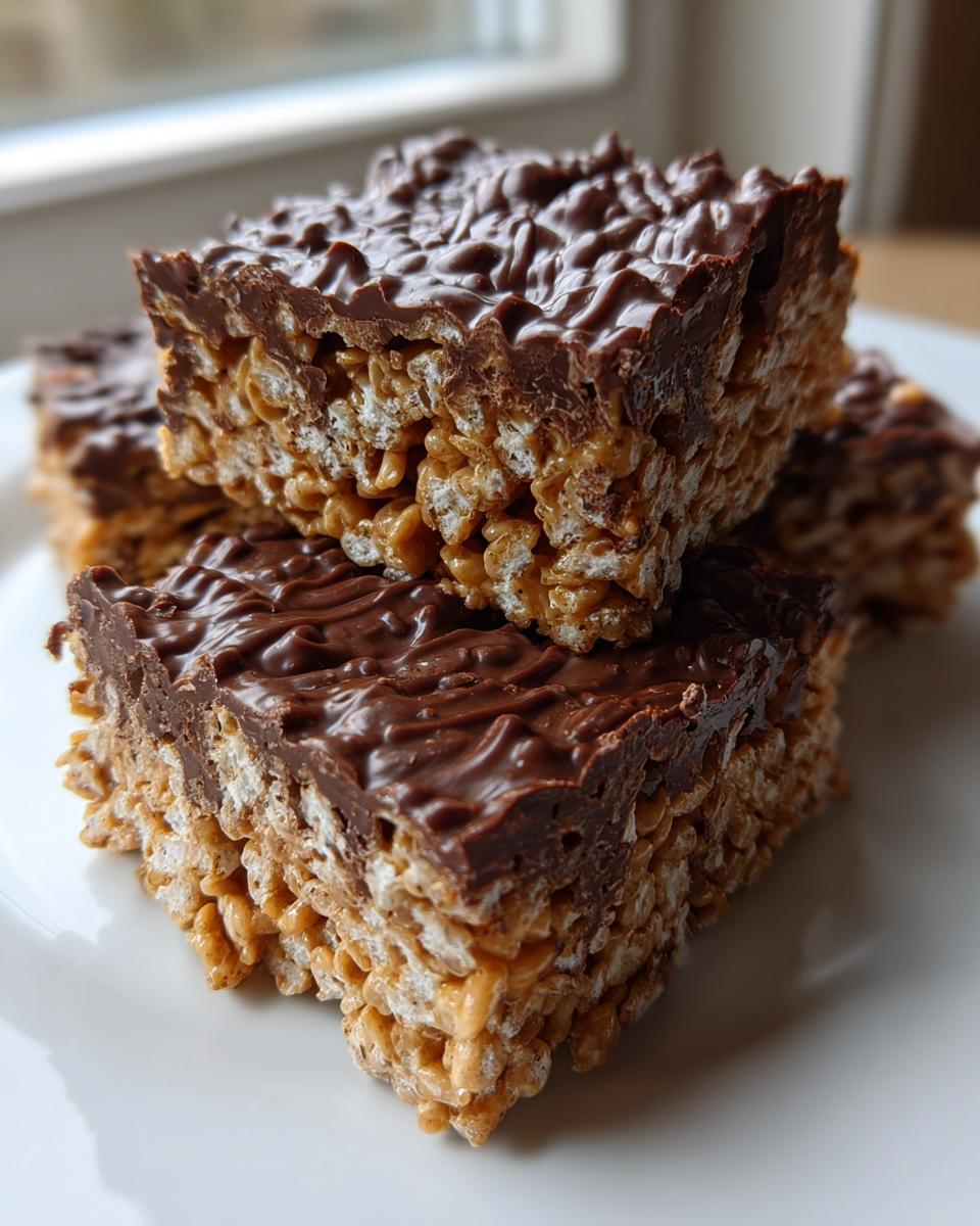 Close-up of stacked peanut butter rice krispie treats topped with a thick layer of melted chocolate.