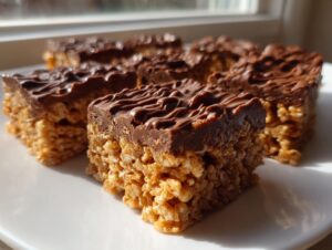 Close-up of several squares of peanut butter rice krispie treats topped with melted chocolate drizzle.