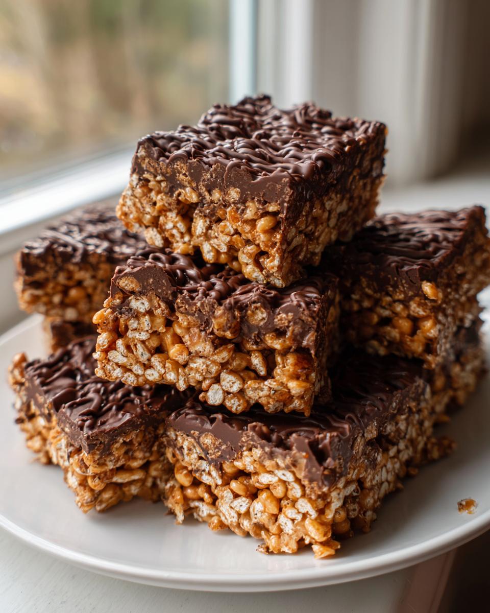 A stack of rich peanut butter rice krispie treats topped with melted chocolate drizzle.