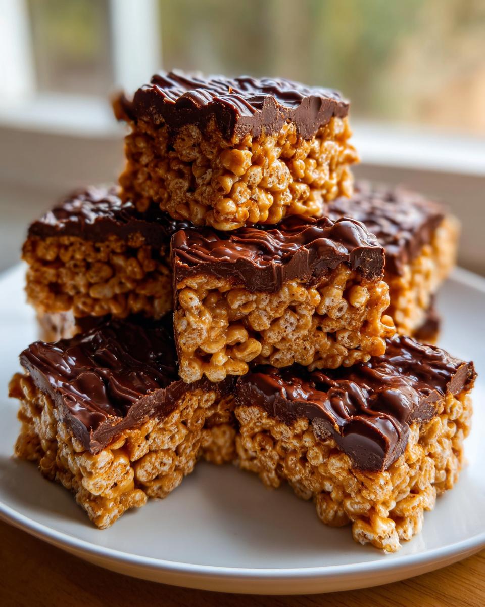 A stack of gooey peanut butter rice krispie treats topped with melted chocolate drizzle.