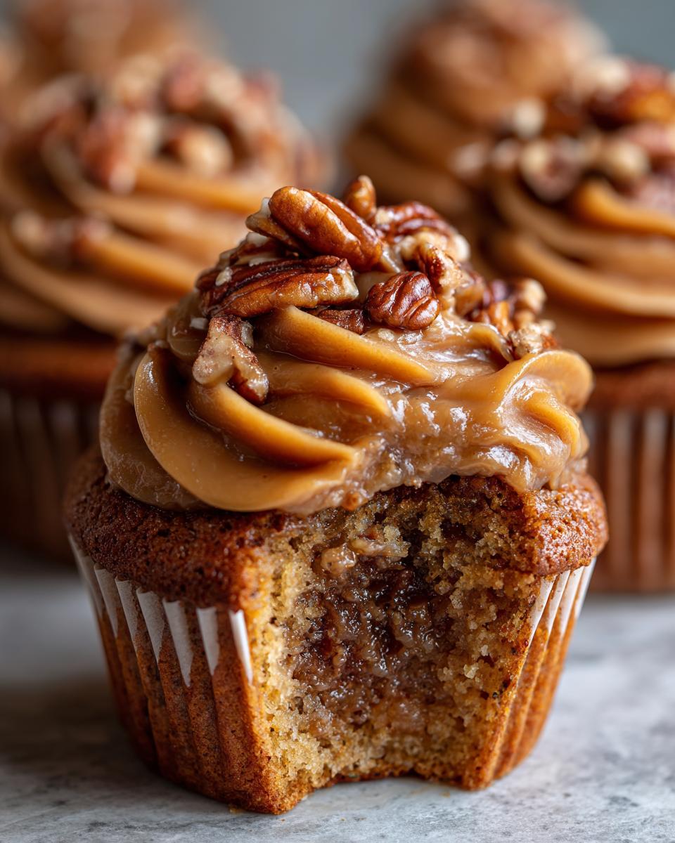 Close-up of a pecan pie cupcake with a bite taken out, showing the gooey filling and caramel pecan frosting.
