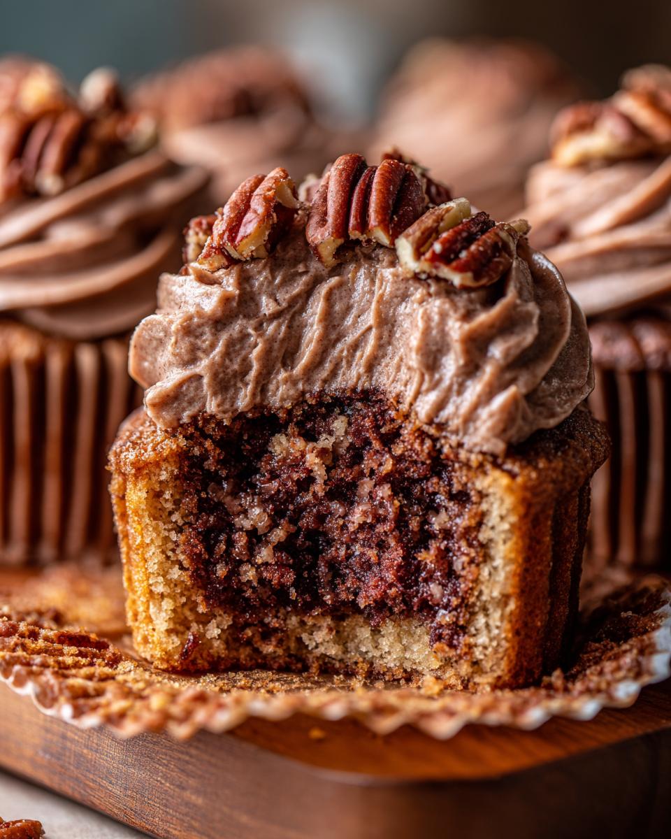 Close-up of a pecan pie cupcakes cut in half showing the rich filling and topped with brown pecan frosting and whole pecans.