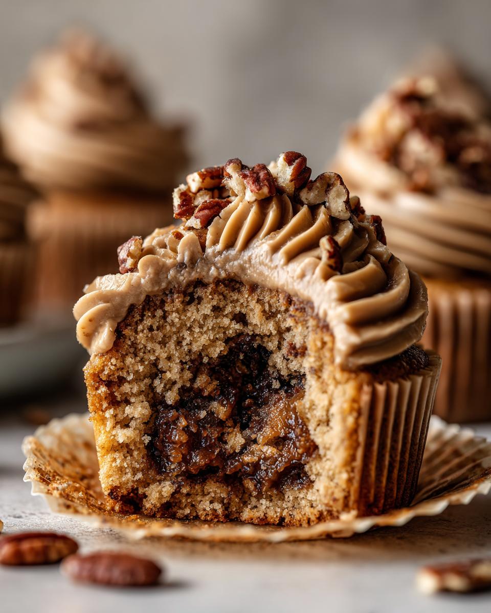 Close-up of a pecan pie cupcakes cut in half showing gooey filling, topped with pecan frosting and chopped pecans.