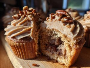 Close-up of a pecan pie cupcake cut in half, showing the cake texture, filling, and pecan-topped frosting.
