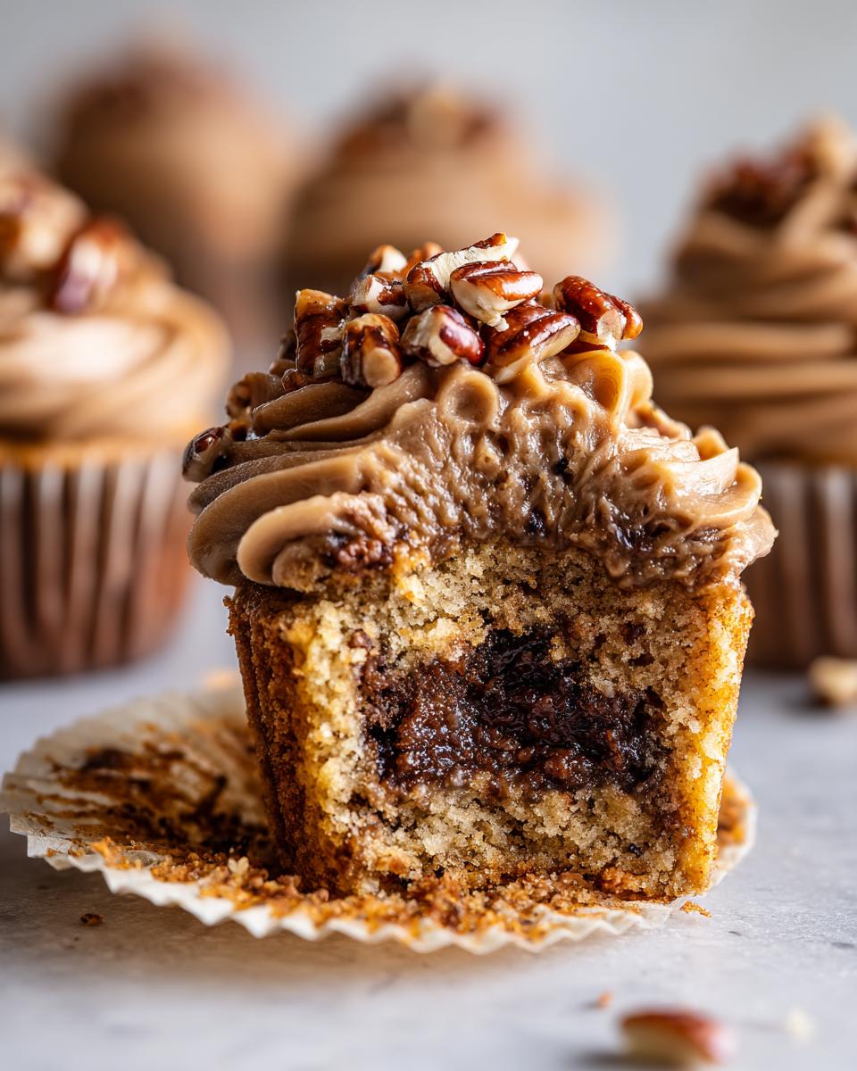 Close-up of a pecan pie cupcakes cut in half showing the gooey filling, topped with caramel frosting and chopped pecans.