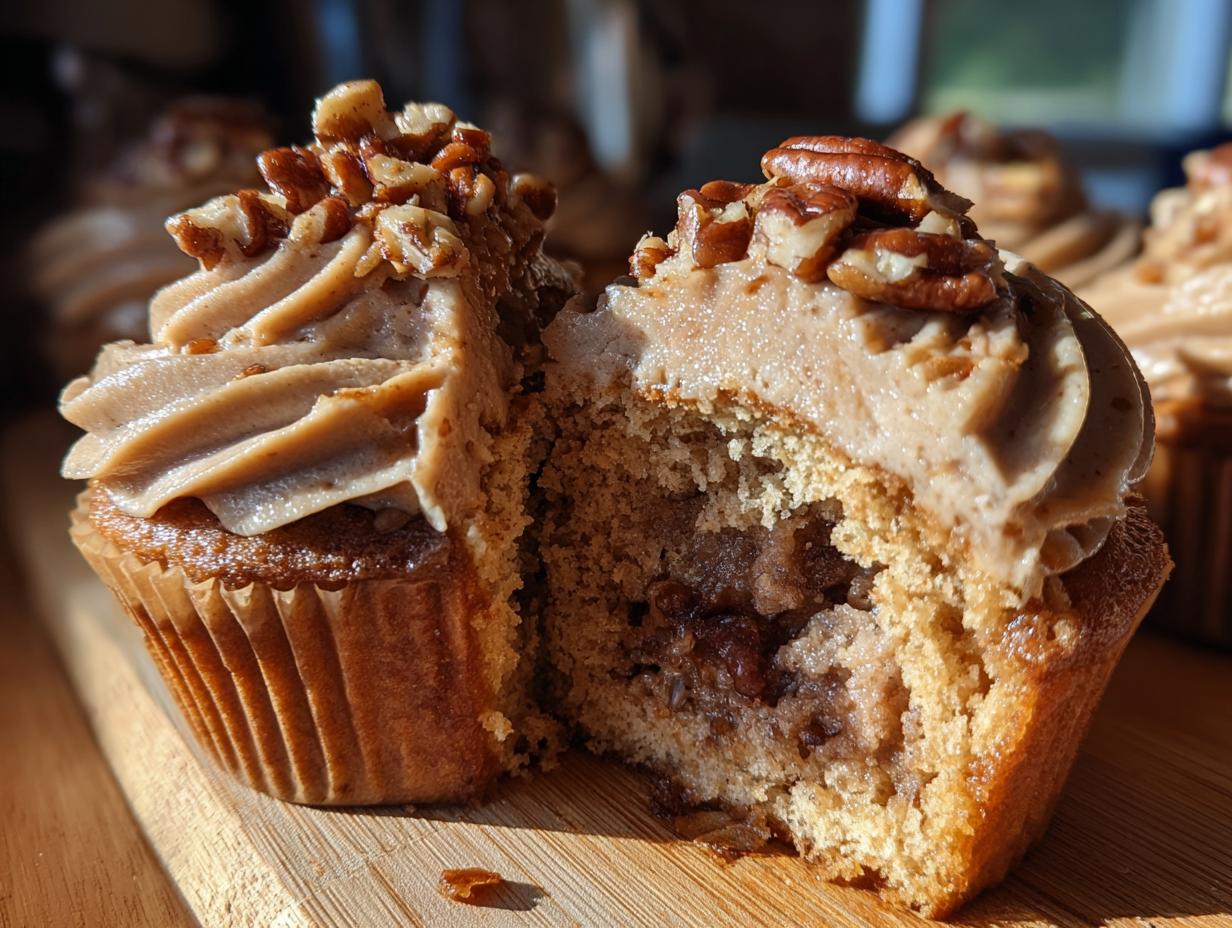 Close-up of a pecan pie cupcake cut in half, showing the cake texture, filling, and pecan-topped frosting.