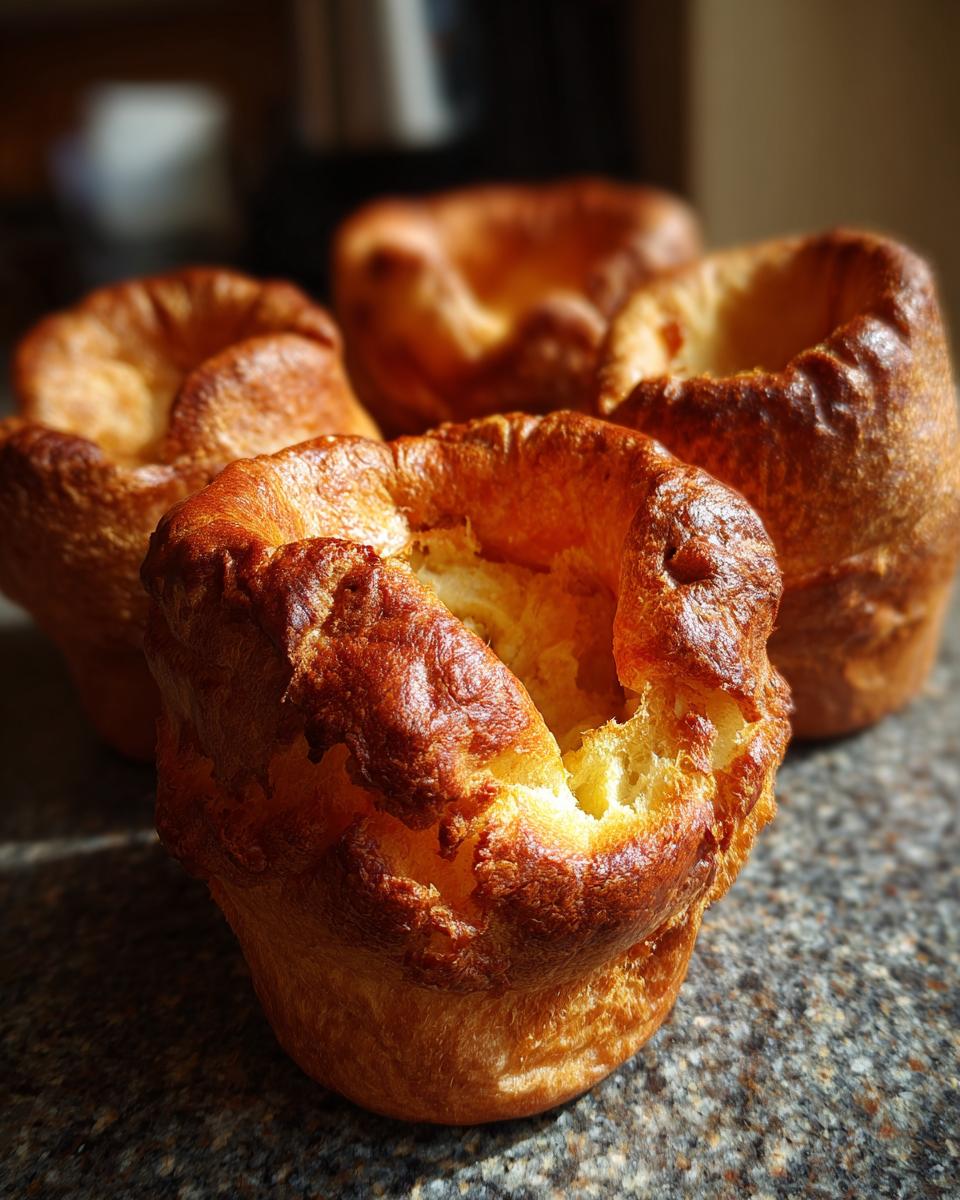 Four golden brown, perfectly risen yorkshire pudding items sitting on a speckled countertop.