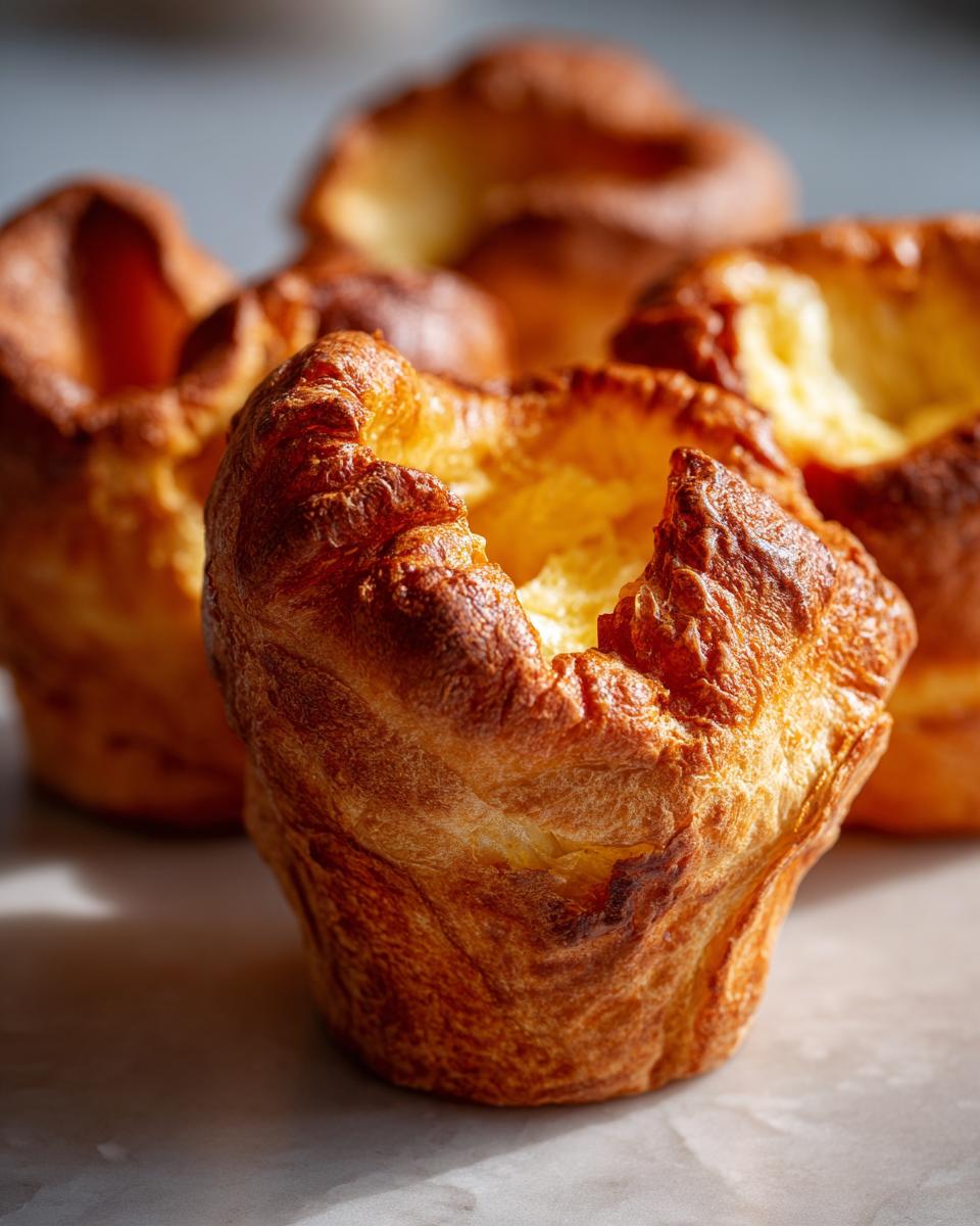 Close-up of several golden brown, perfectly risen Yorkshire pudding pastries.
