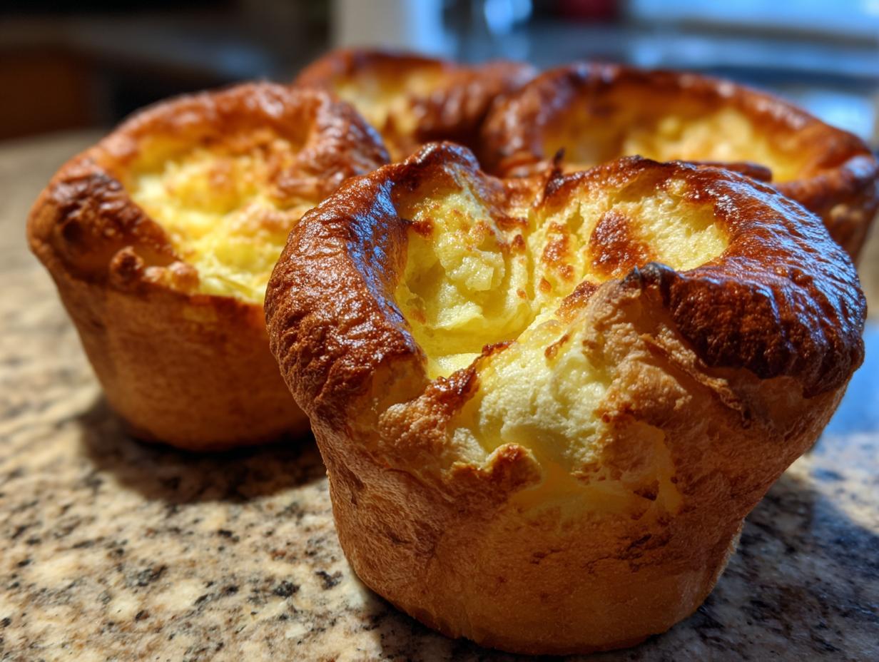 Close-up of freshly baked, golden brown Yorkshire pudding with high, risen sides.