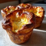 A close-up of a golden brown, perfectly risen yorkshire pudding with a soft, airy center.