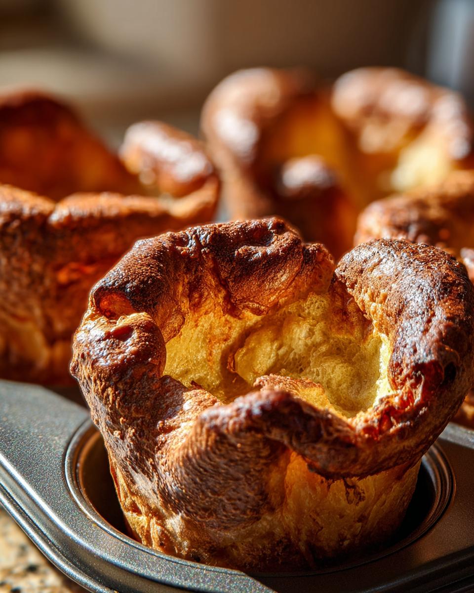Close-up of a perfectly risen, golden-brown Yorkshire pudding sitting in a metal muffin tin.