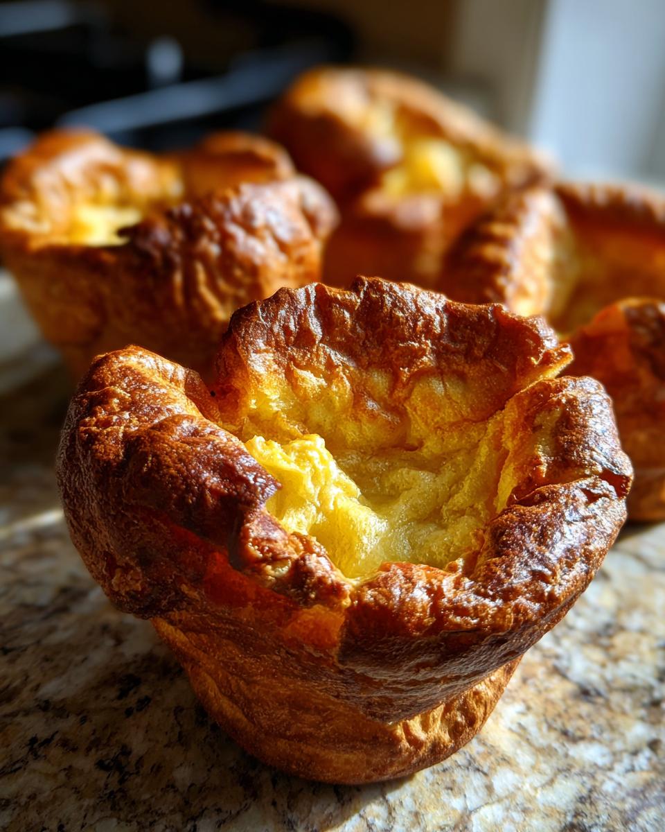 Close-up of a golden brown, perfectly risen yorkshire pudding with a deep well in the center.