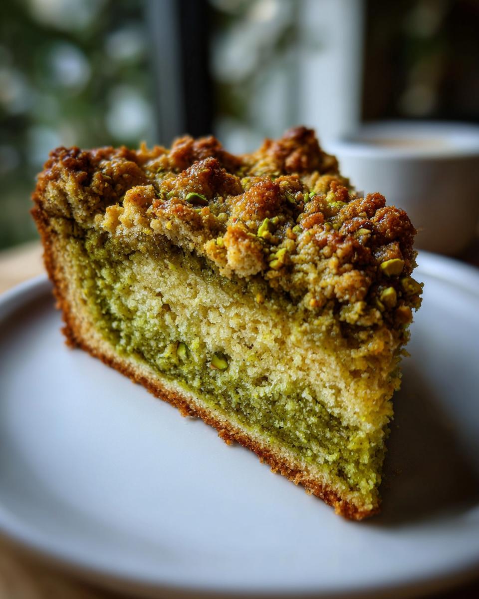 A close-up of a moist slice of pistachio coffee cake showing green pistachio swirl and crumb topping.