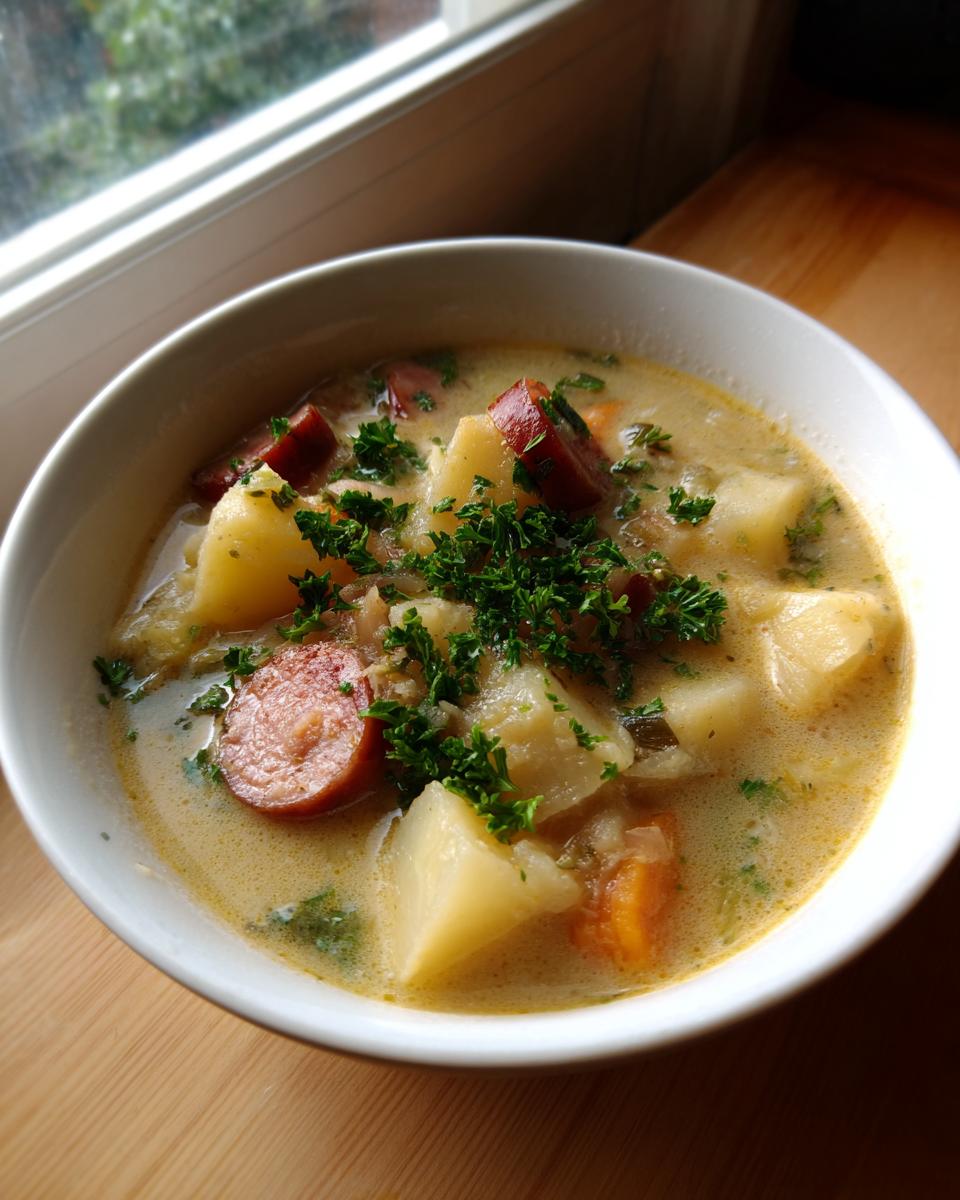 A close-up of a creamy potato and sausage chowder, garnished with fresh parsley, sitting by a window.