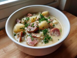 Close-up of a creamy bowl of potato and sausage chowder, garnished with fresh parsley.