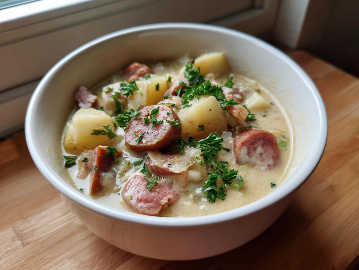Close-up of a creamy bowl of potato and sausage chowder, garnished with fresh parsley.