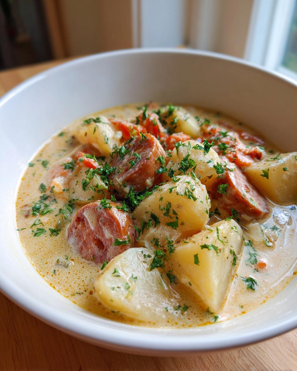 Close-up of a hearty bowl of potato and sausage chowder, featuring chunks of potato, sliced sausage, and fresh parsley garnish.