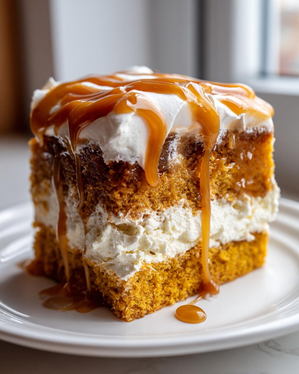 A decadent slice of pumpkin poke cake layered with cream and topped with dripping caramel sauce.