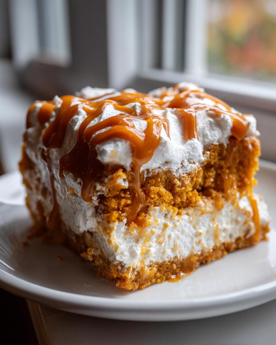 A close-up of a moist slice of pumpkin poke cake layered with cream filling, topped with whipped cream and caramel sauce.