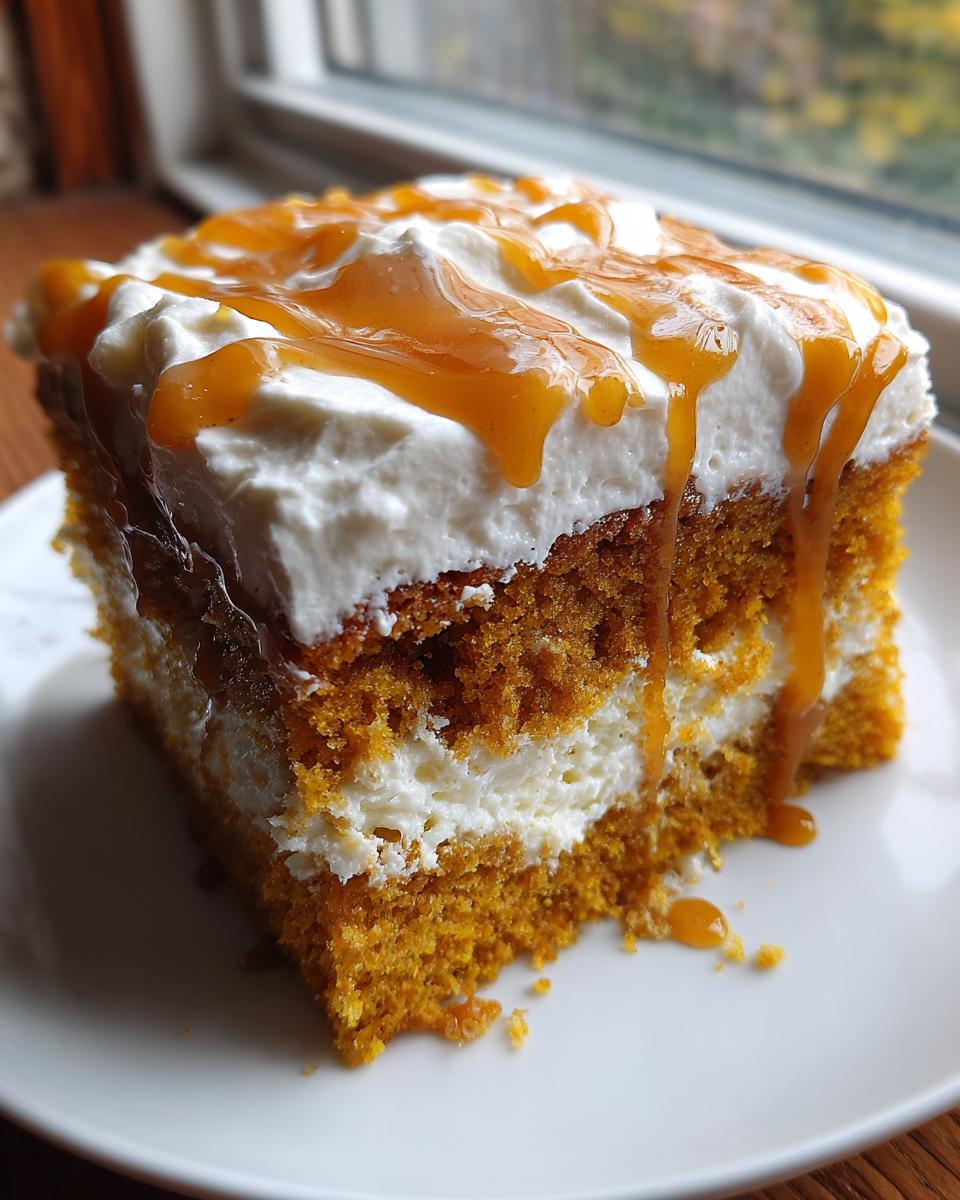 A moist slice of pumpkin poke cake layered with cream filling and topped with whipped cream and caramel sauce.