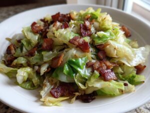 A close-up of a white bowl filled with sautéed cabbage and crispy bacon pieces, highlighting this easy cabbage recipe.