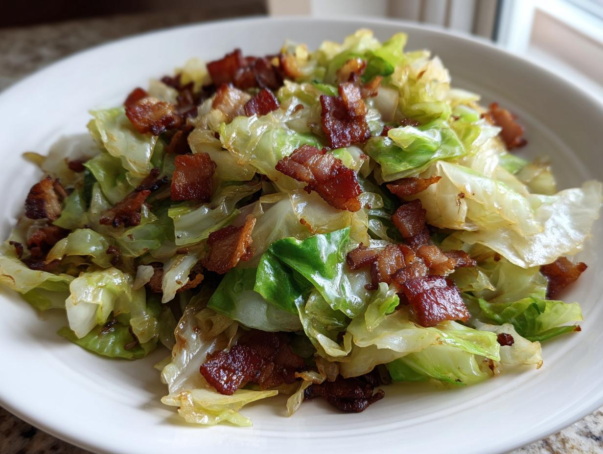 A close-up of a white bowl filled with sautéed cabbage and crispy bacon pieces, highlighting this easy cabbage recipe.