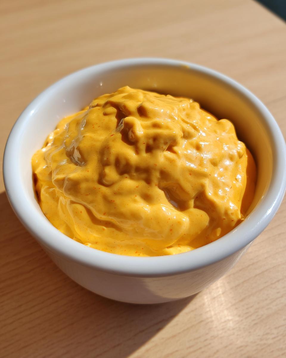 A close-up shot of thick, vibrant orange beer cheese dip served in a small white bowl on a wooden surface.