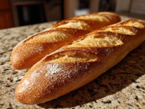 Two golden-brown, crusty loaves of homemade french bread resting on a granite countertop, dusted lightly with flour.