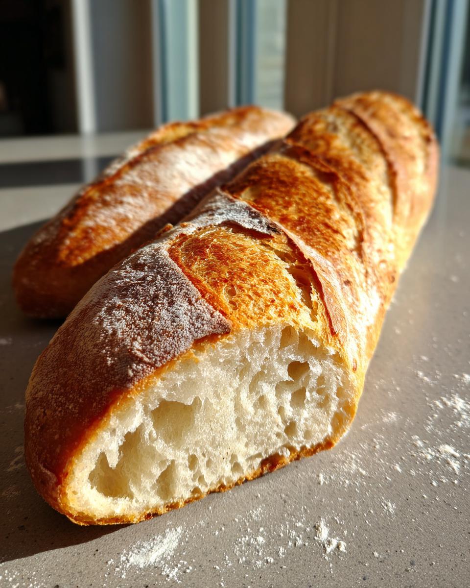 Close-up of a freshly baked french bread loaf cut open showing the airy, white interior crumb.
