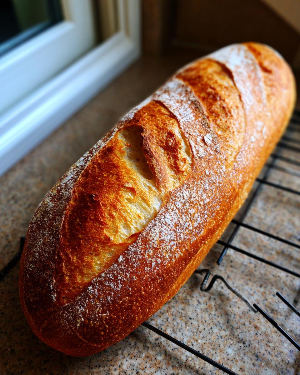 A close-up of a golden-brown, crusty loaf of quick french bread resting on a black wire cooling rack.