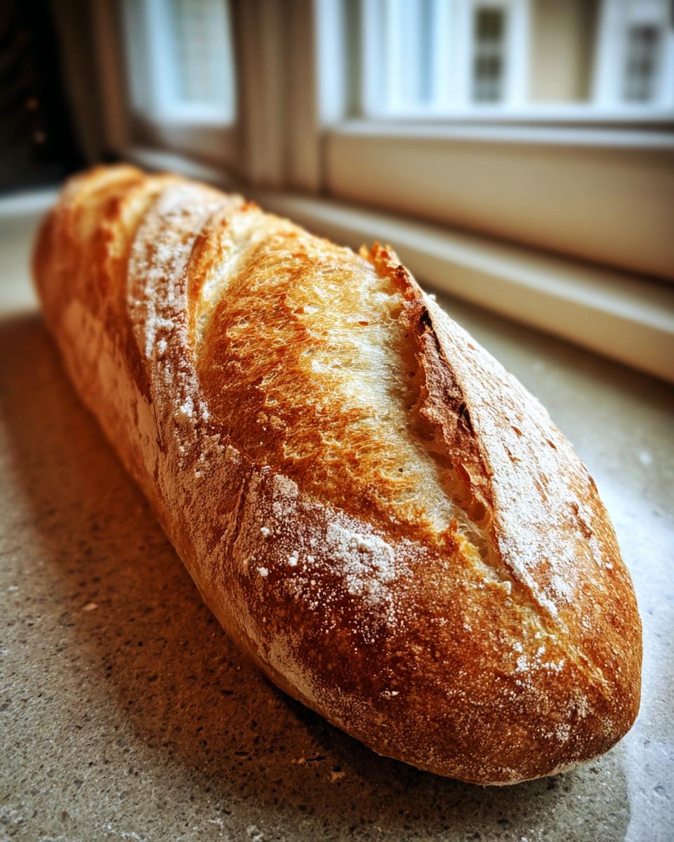 A freshly baked, golden-brown french bread loaf with a crisp, scored crust dusted lightly with flour.