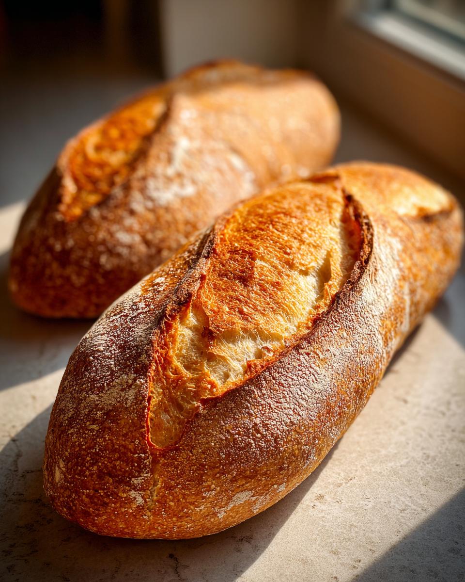 Two freshly baked loaves of golden brown french bread resting on a counter, highlighted by sunlight.