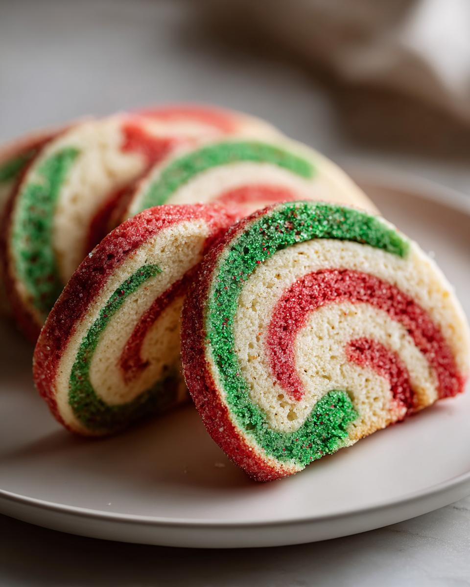 Slices of festive red, green, and white pinwheel cookies coated in colored sugar, arranged on a light plate.
