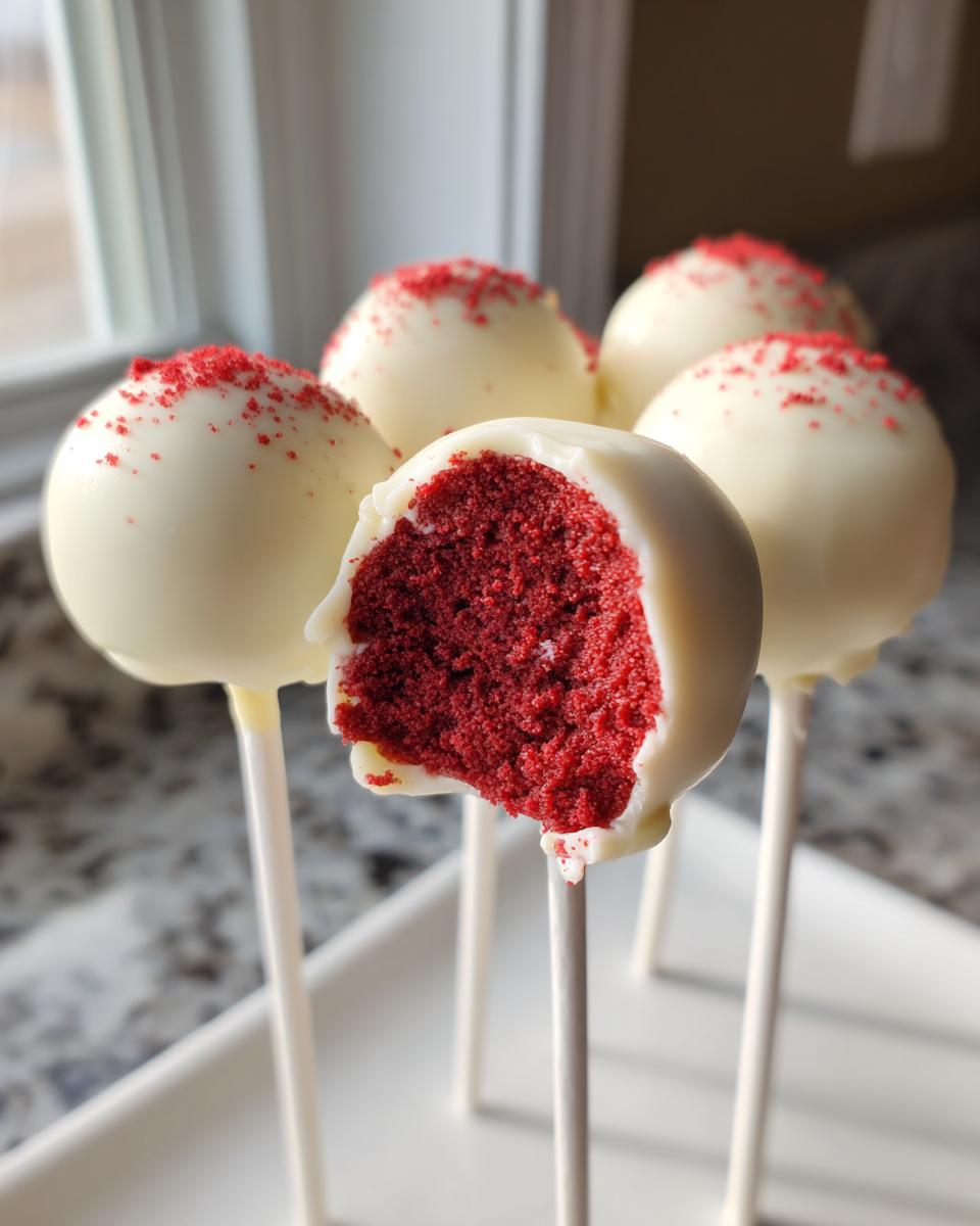 Close-up of several red velvet cake pops coated in white chocolate, one is bitten revealing the vibrant red interior.