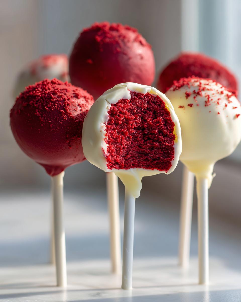 A close-up of several red velvet cake pops, one of which is bitten to show the rich red interior and white chocolate coating.