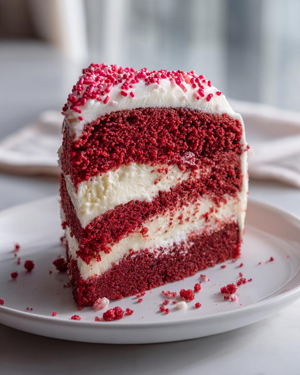 A tall slice of red velvet poke cake with three layers of red cake and cream cheese filling, topped with white frosting and red sprinkles.