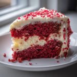 A moist slice of red velvet poke cake layered with white filling, topped with cream cheese frosting and red sprinkles.
