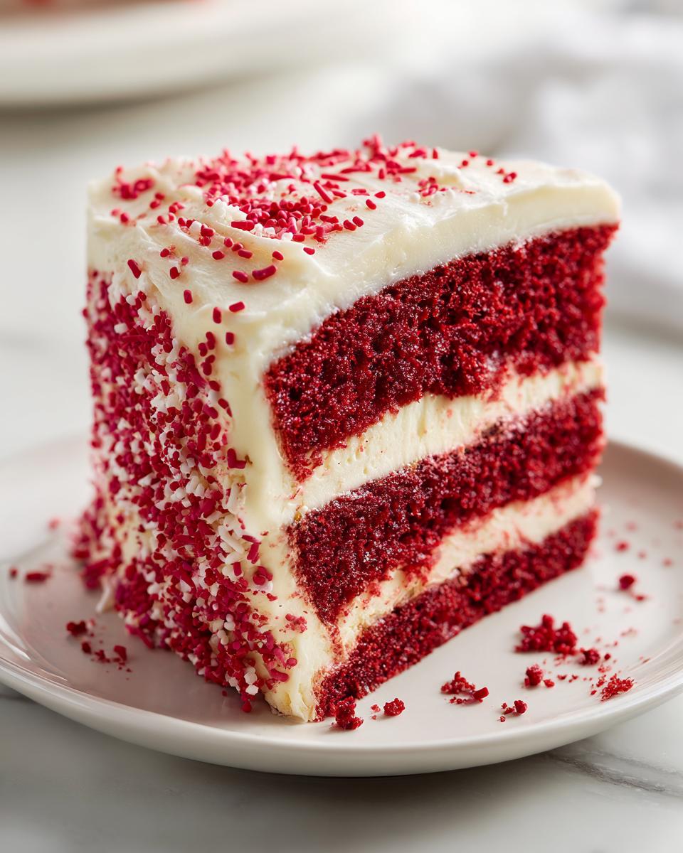A tall slice of moist red velvet poke cake layered with cream cheese filling and topped with white frosting and red sprinkles.