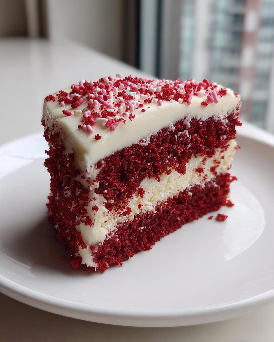 A perfect slice of red velvet poke cake with white filling and red/pink sprinkles on top, served on a white plate.