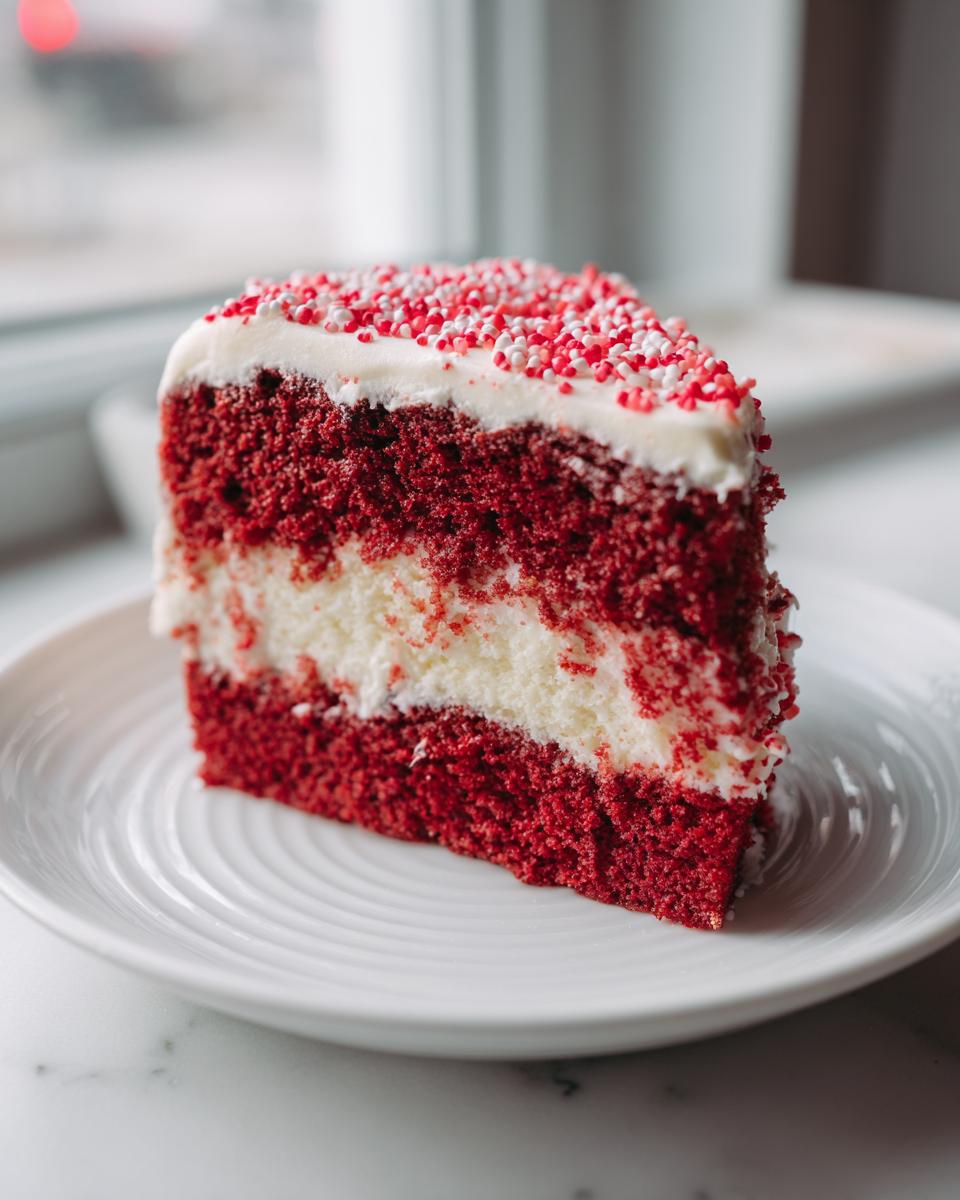A moist slice of red velvet poke cake featuring layers of red cake and white filling, topped with cream cheese frosting and red sprinkles.