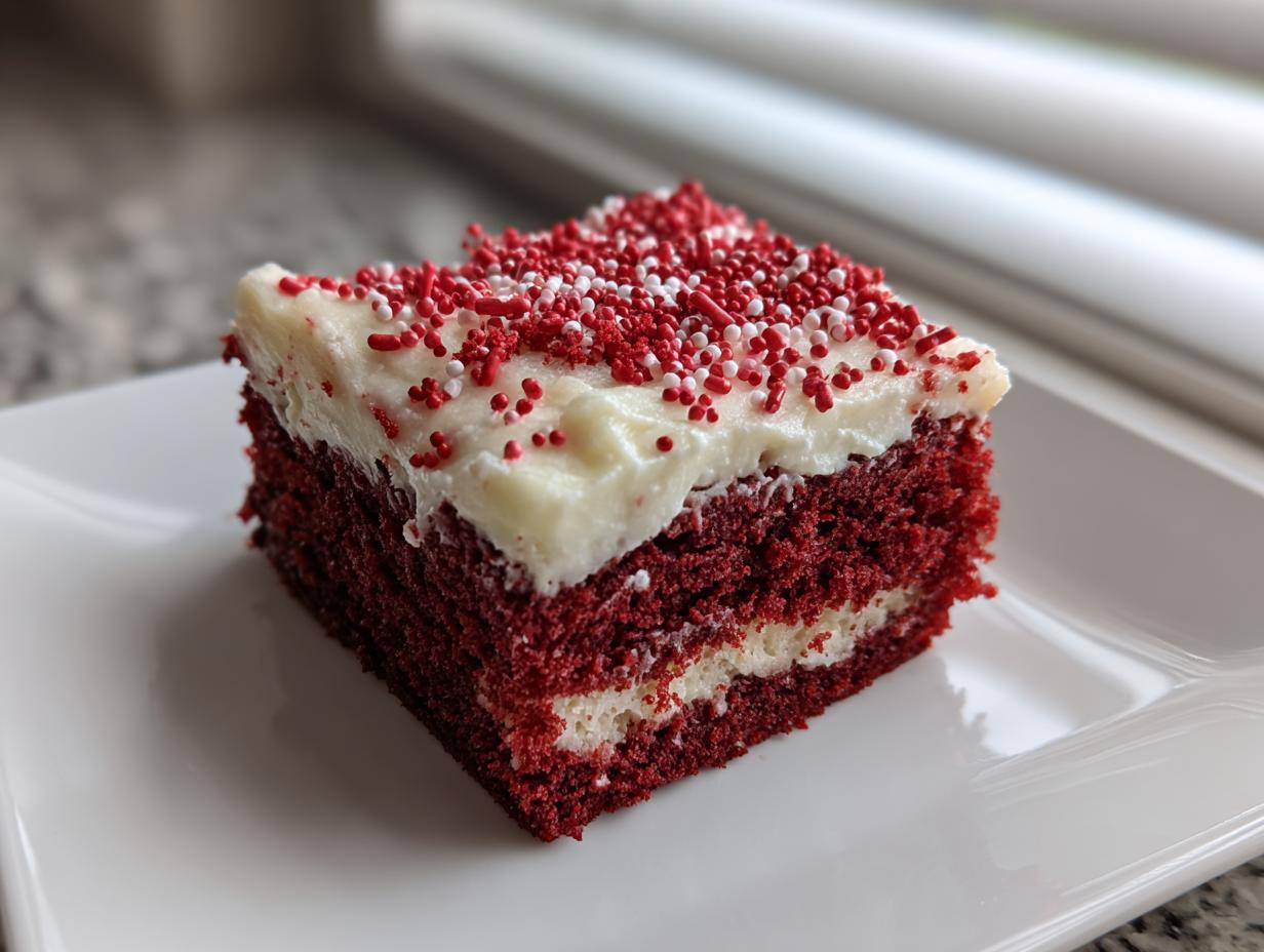 A square slice of rich red velvet poke cake with white frosting and red and white sprinkles on a white plate.