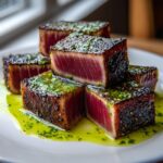 Five cubes of perfectly seared tuna steak, rare inside, drizzled with a bright green herb sauce.