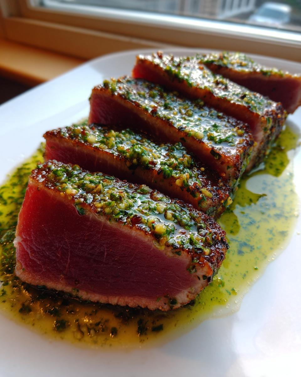 Close-up of perfectly seared tuna steak, sliced and topped with a vibrant green herb crust, resting in sauce.