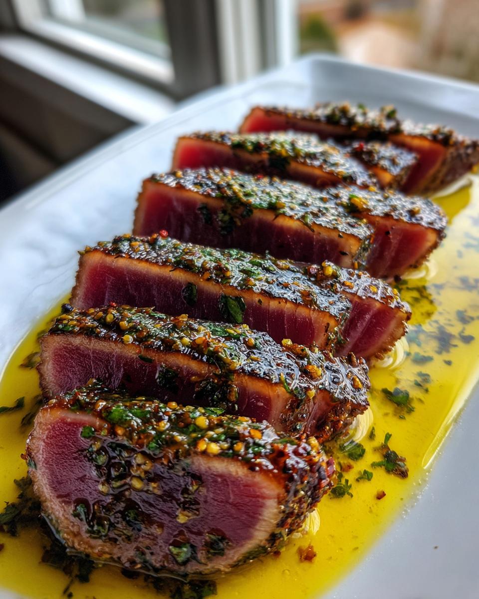 Slices of perfectly seared tuna steak, crusted with herbs and spices, resting in yellow oil on a white plate.