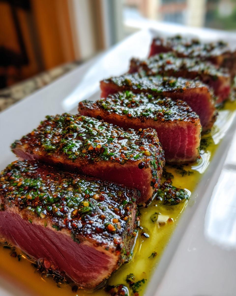 Slices of perfectly seared Tuna steak with a vibrant, colorful herb and spice crust resting in olive oil.